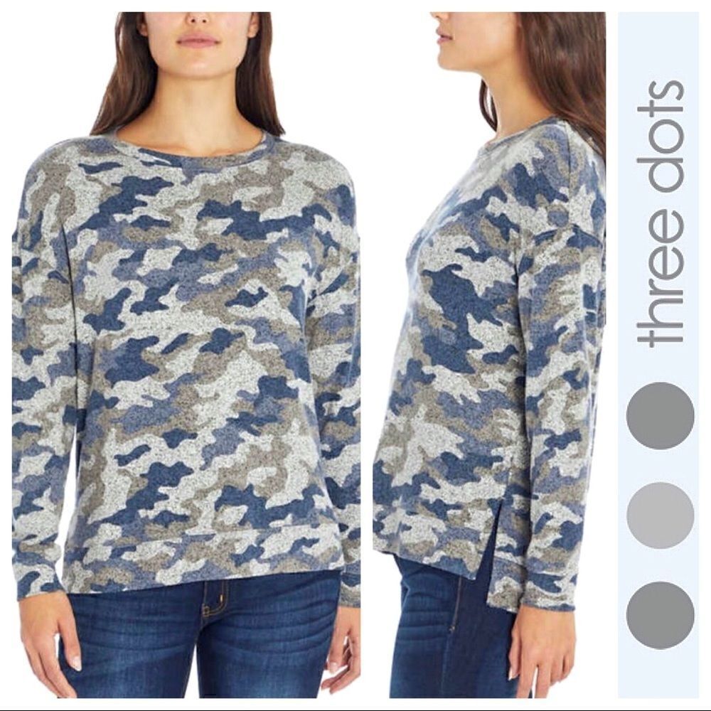 THREE DOTS Ladies Soft and Cozy Tunic - Blue Gray Camo: Size S, M, L